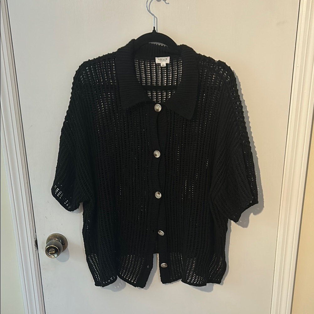 Le Lis Black Knit Button-Up Blouse